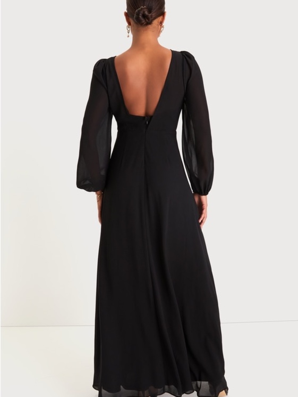 Lulu's Black Long Sleeve Satin-Trim Evening Dress with High Slit - Picture 2 of 4